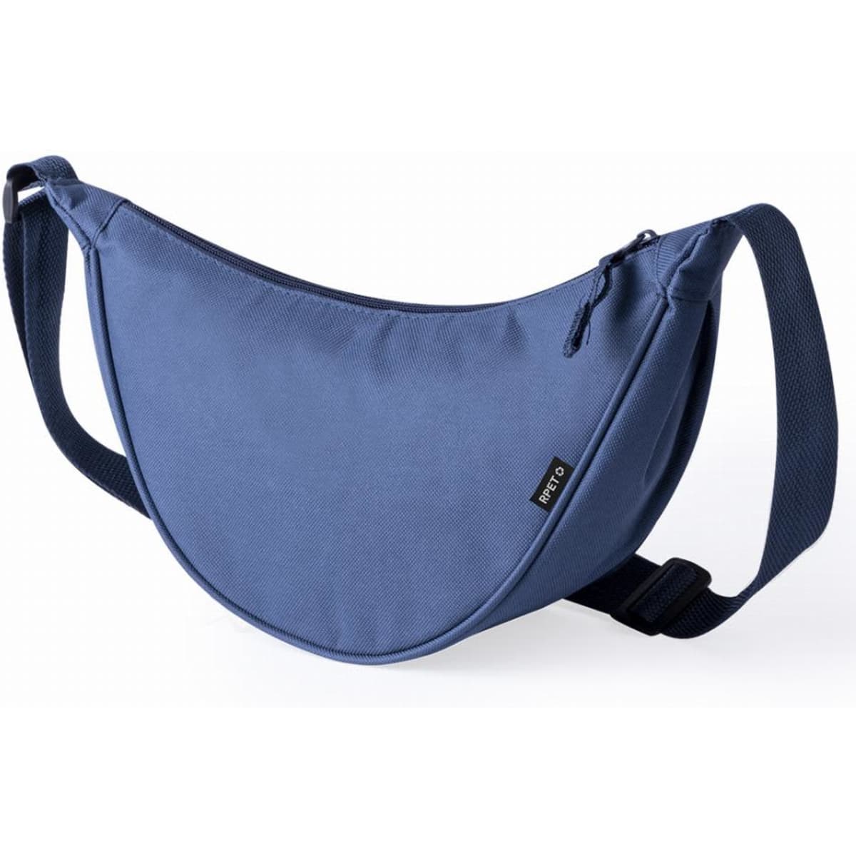 A blue sling bag with a curved design and a strap, featuring a zippered closure and a brand logo.