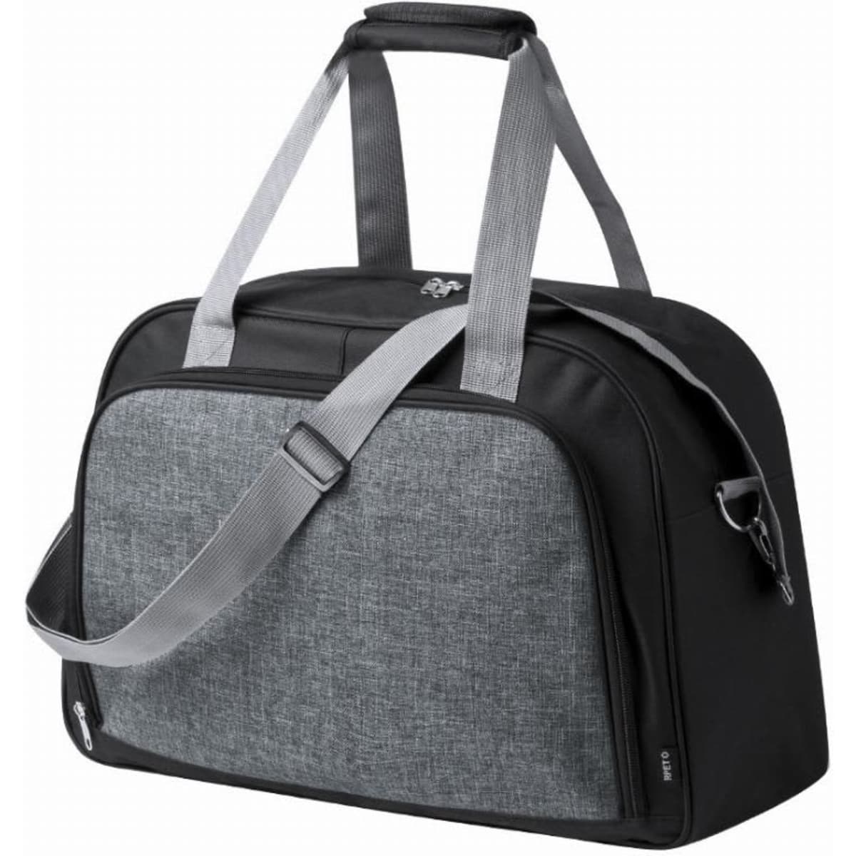 A duffle bag featuring a grey fabric front and a black body, with long grey straps and a sturdy handle.
