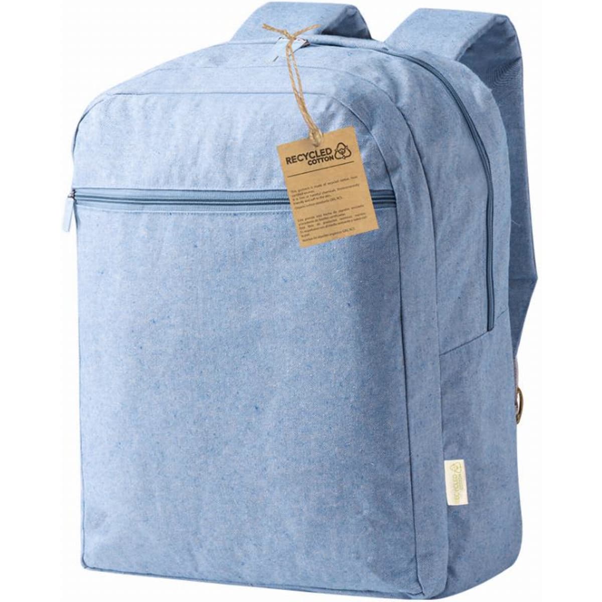 A backpack made of blue recycled material with a zippered compartment and two shoulder straps.