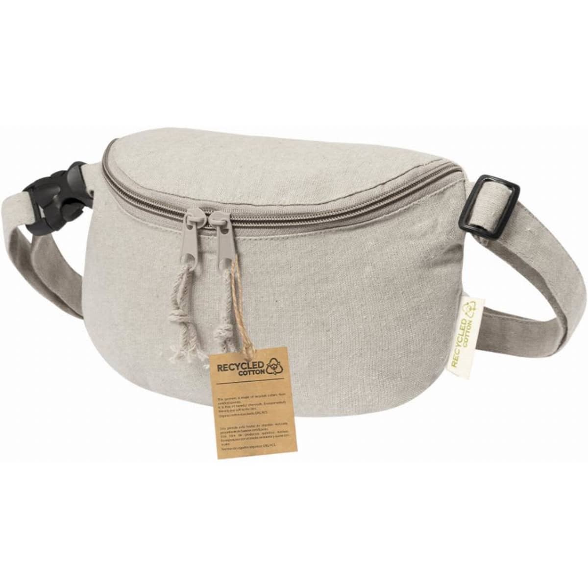 A waist bag in light grey with a zippered compartment and an adjustable strap, made from recycled materials.