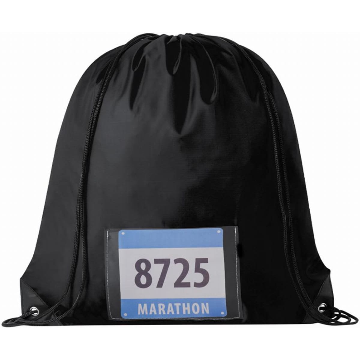 A black drawstring bag featuring a clear pocket for a race number, suitable for storing personal items.
