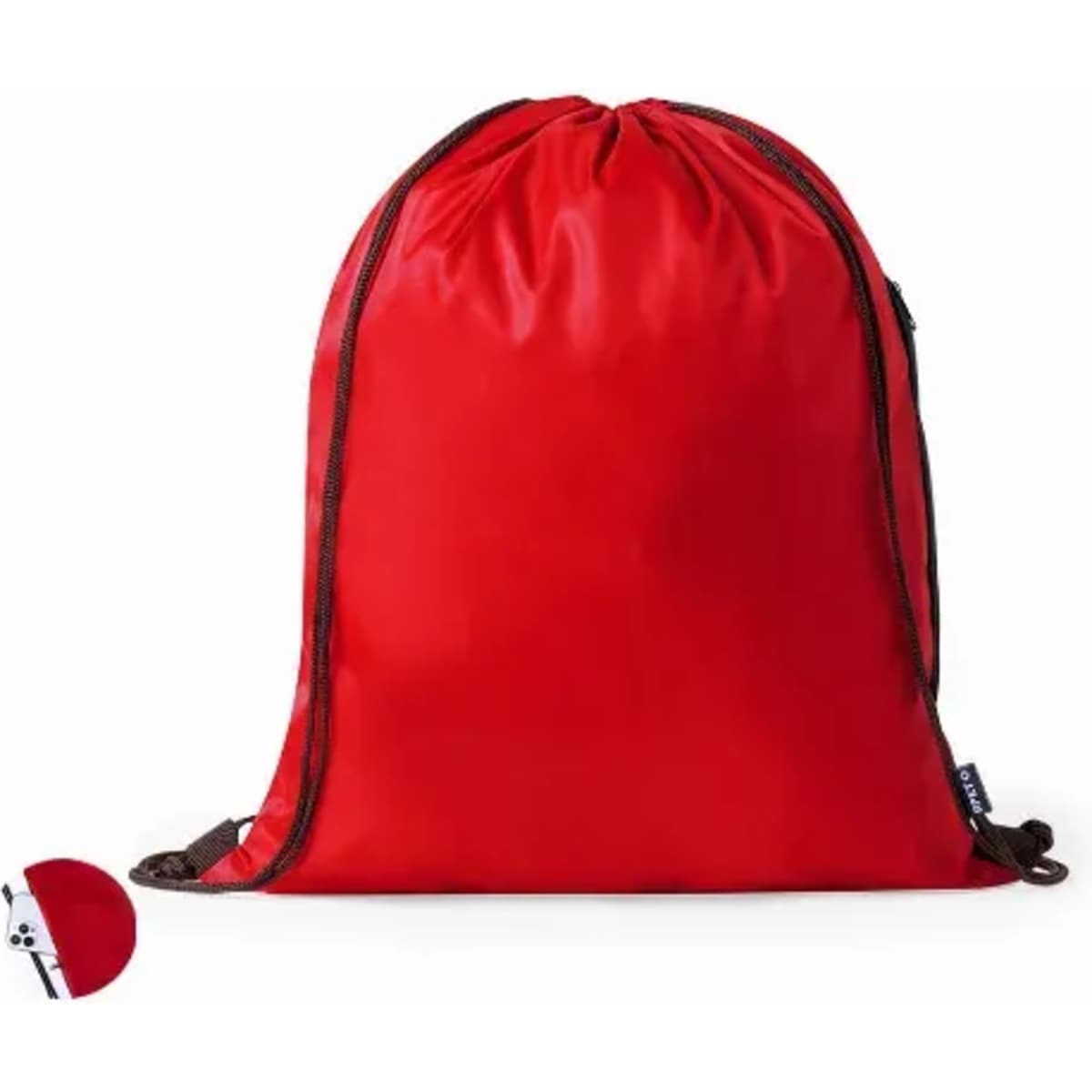 A red drawstring bag with a smooth surface and adjustable straps, featuring a small logo.
