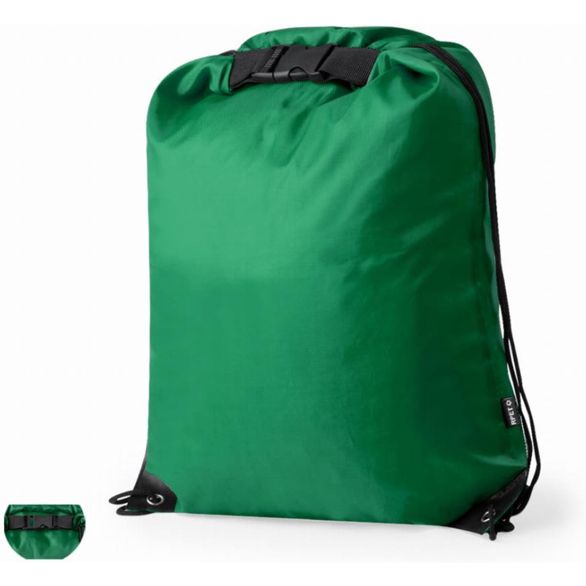 A green drawstring backpack with black accents, featuring a top closure and adjustable straps.