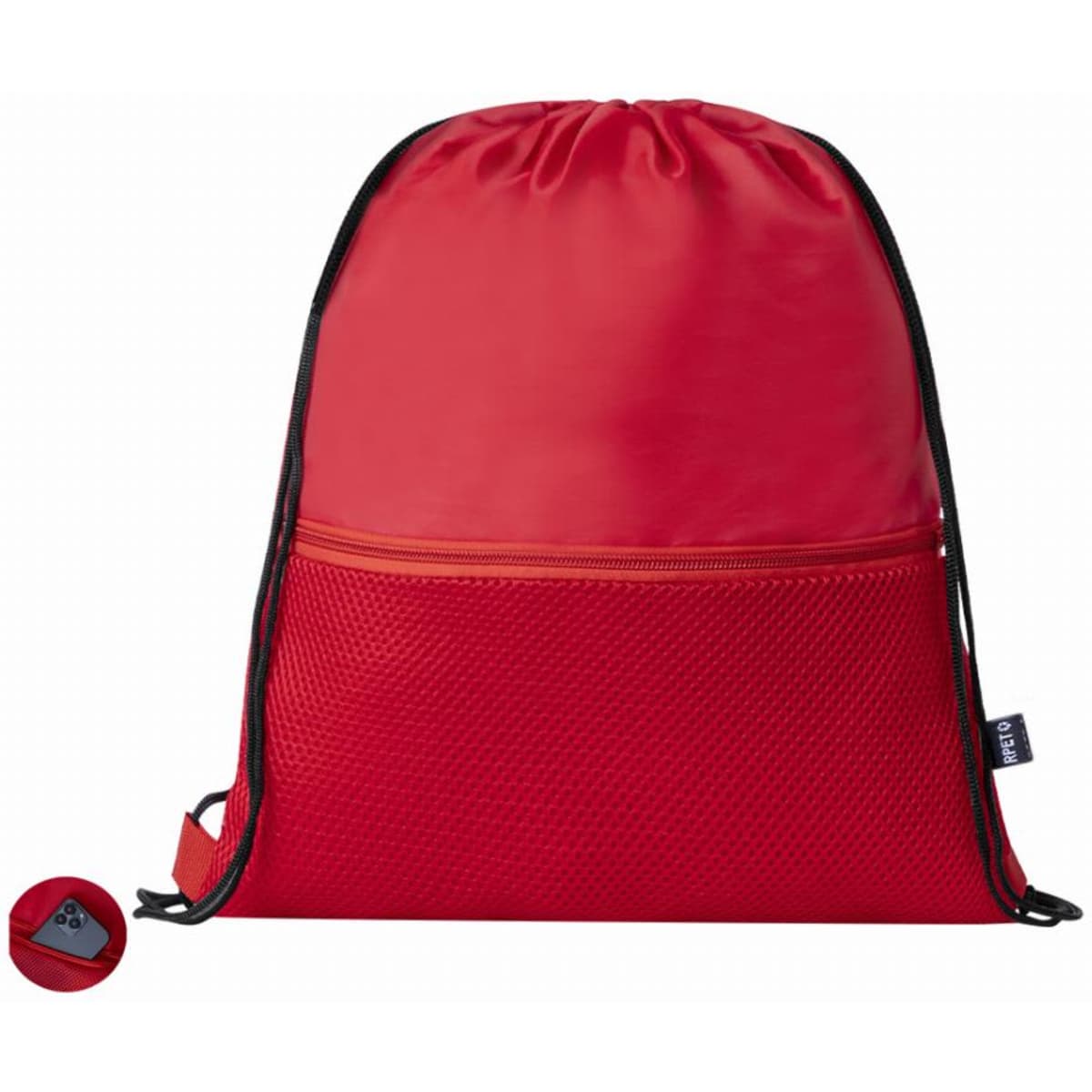 A red drawstring backpack with a mesh front pocket and a logo. The backpack is designed for casual use.