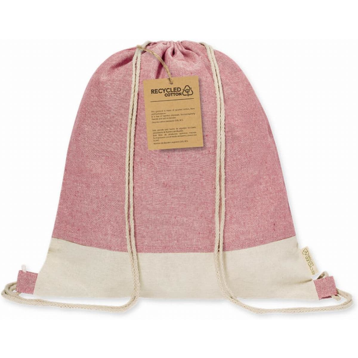 A drawstring backpack made of recycled fabric, featuring a pink top and cream bottom. It has a natural tag attached.