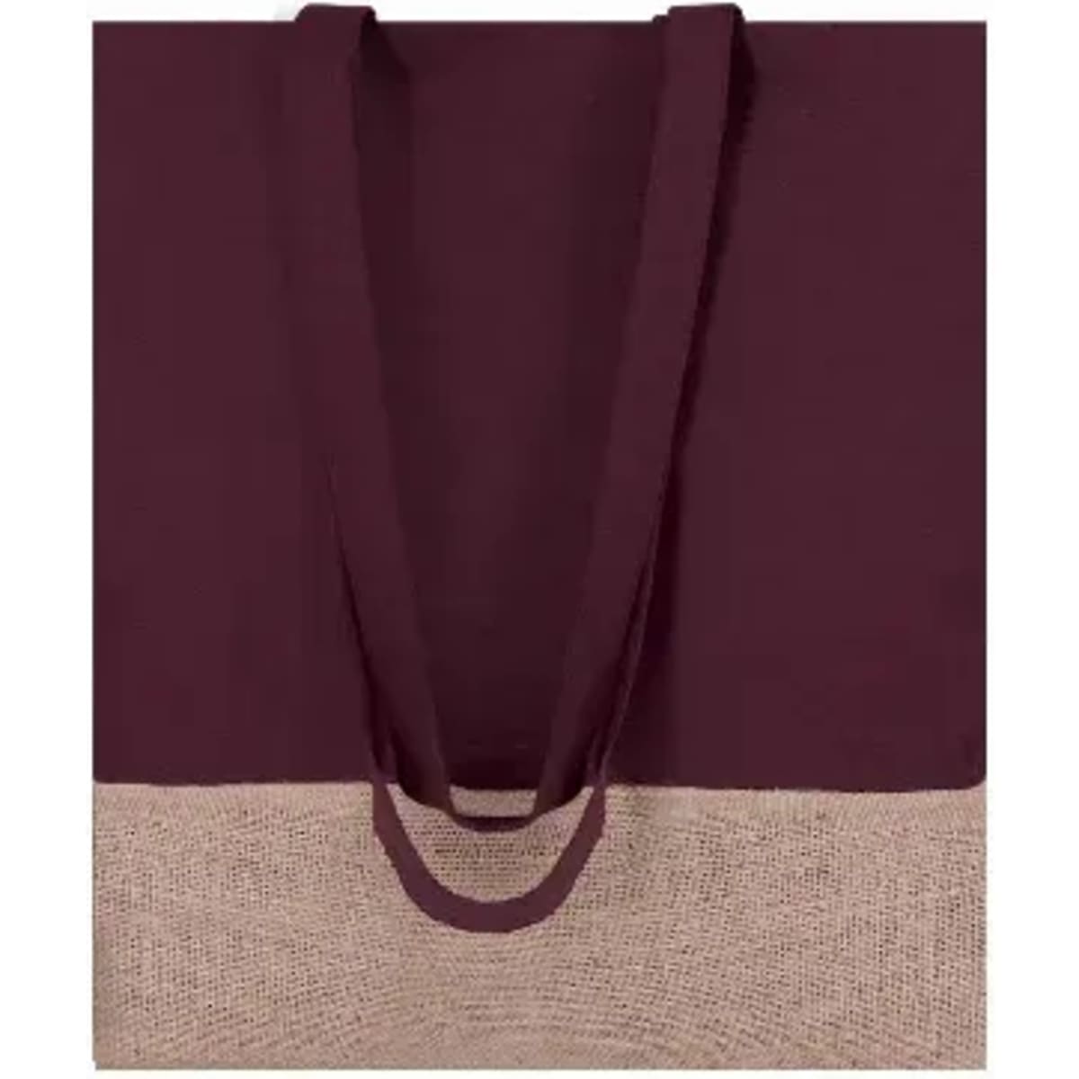 A tote bag featuring a burgundy fabric upper and a natural jute lower section, with long handles.