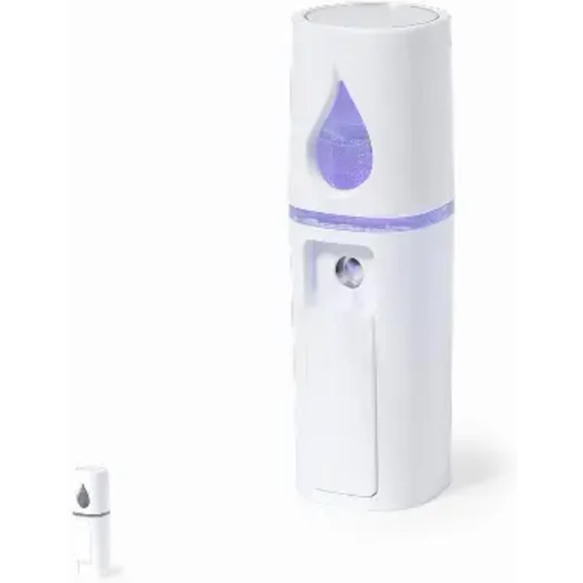 A drink bottle in white with a bulbous top and a small drop-shaped logo. It features a translucent section and a light.