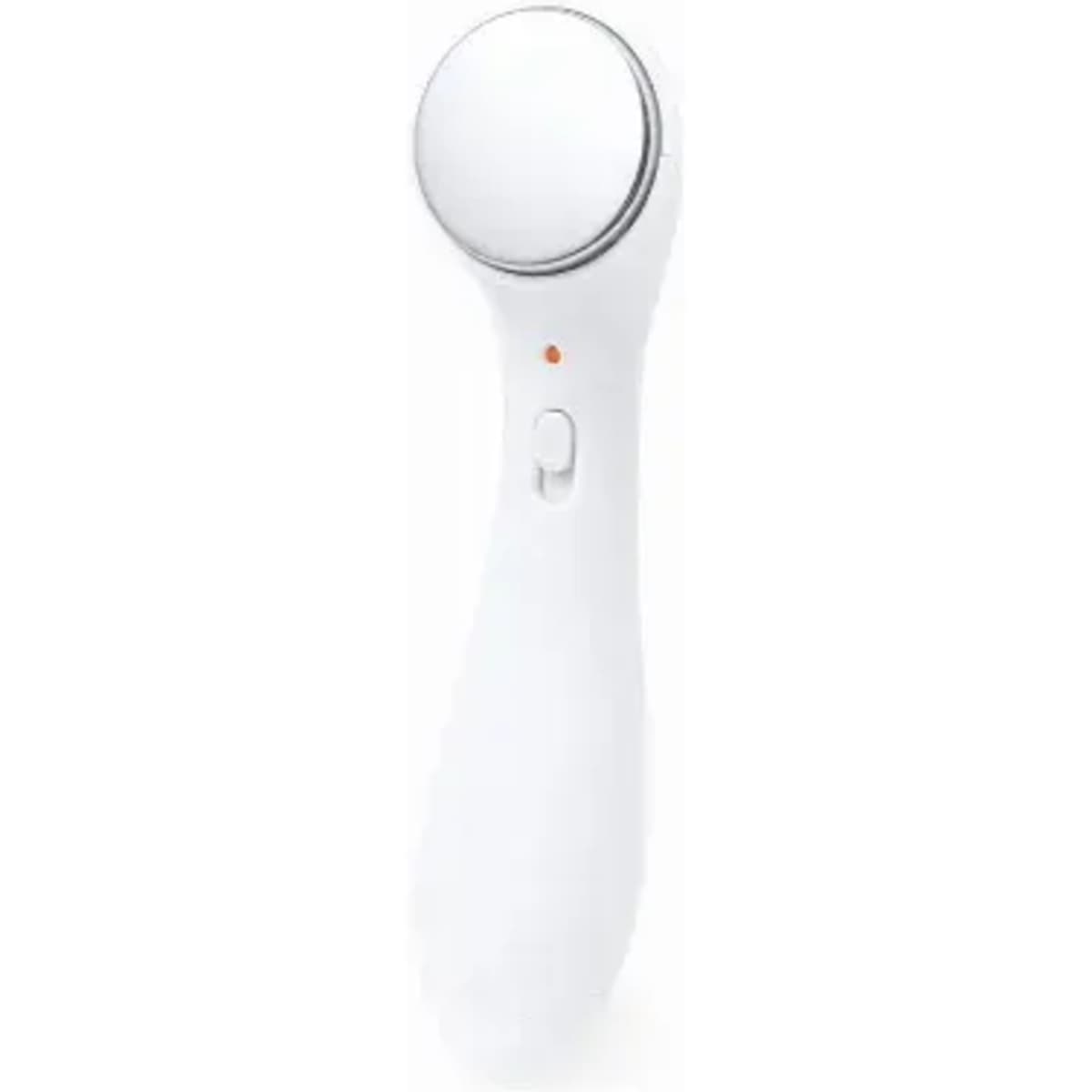 A facial massage device in white with a circular head, featuring a button and a small indicator light.