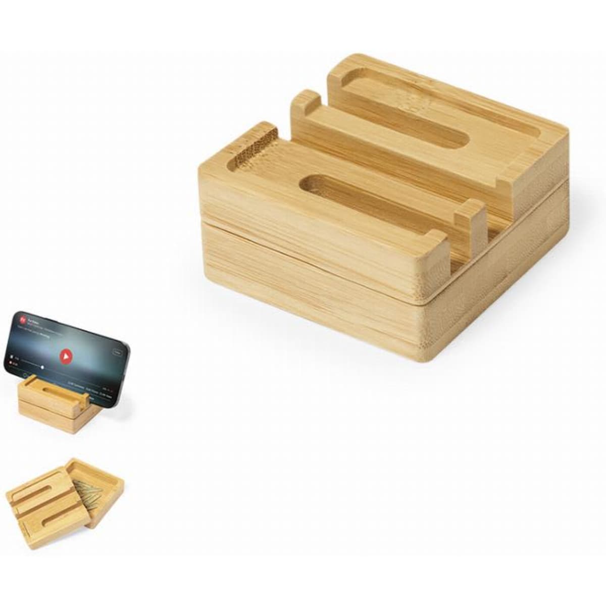 A bamboo phone holder with compartments for small items. It features a simple, natural finish in light brown.