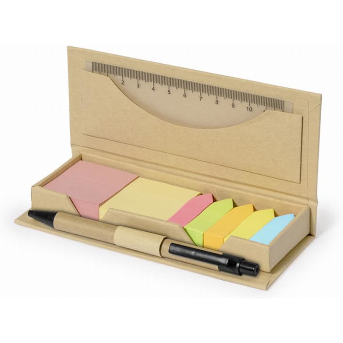 A stationery set featuring a ruler, a pen, and assorted sticky notes in pink, yellow, green, and blue within a kraft box.