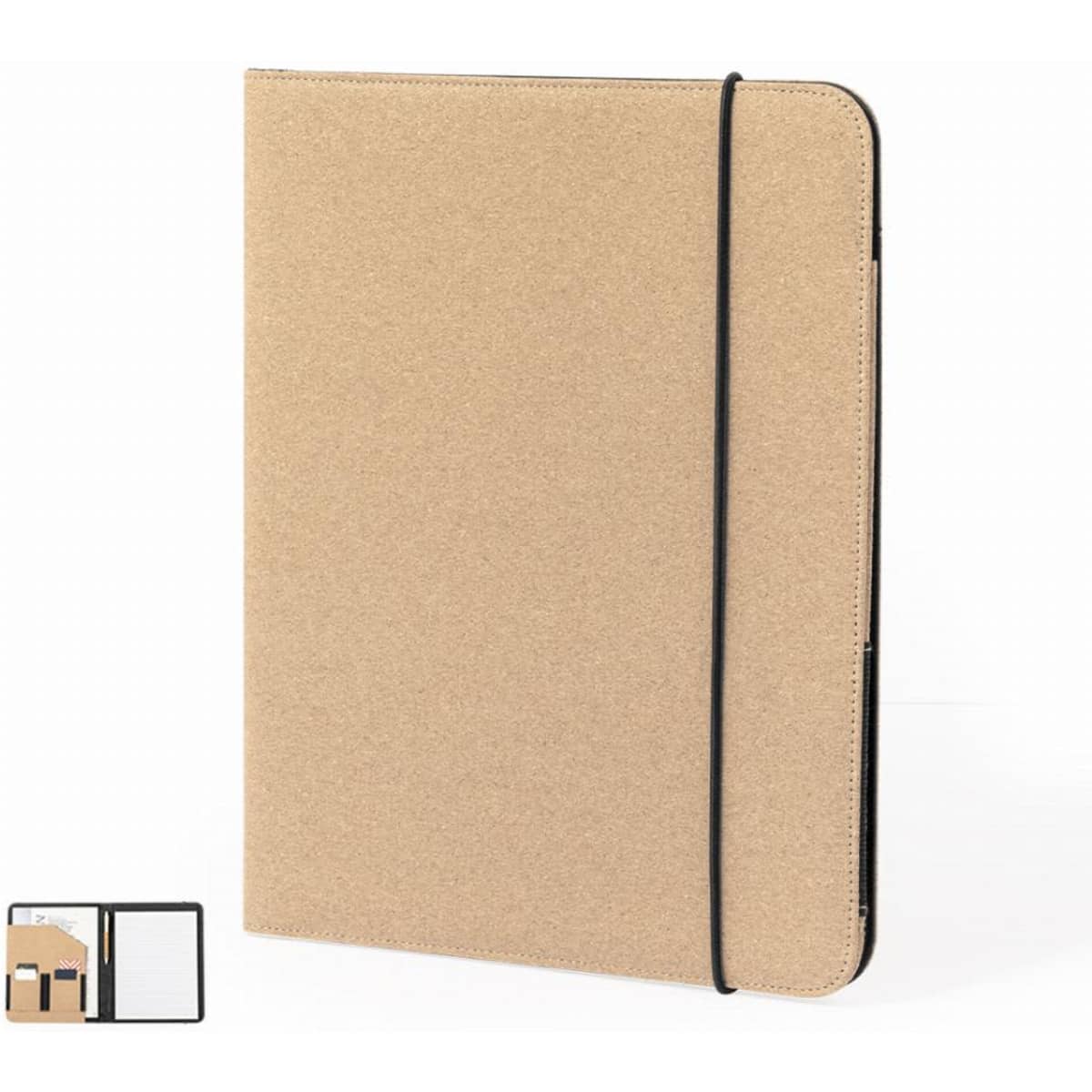 A folder with a textured kraft cover, featuring a black elastic band closure and a minimalistic design.