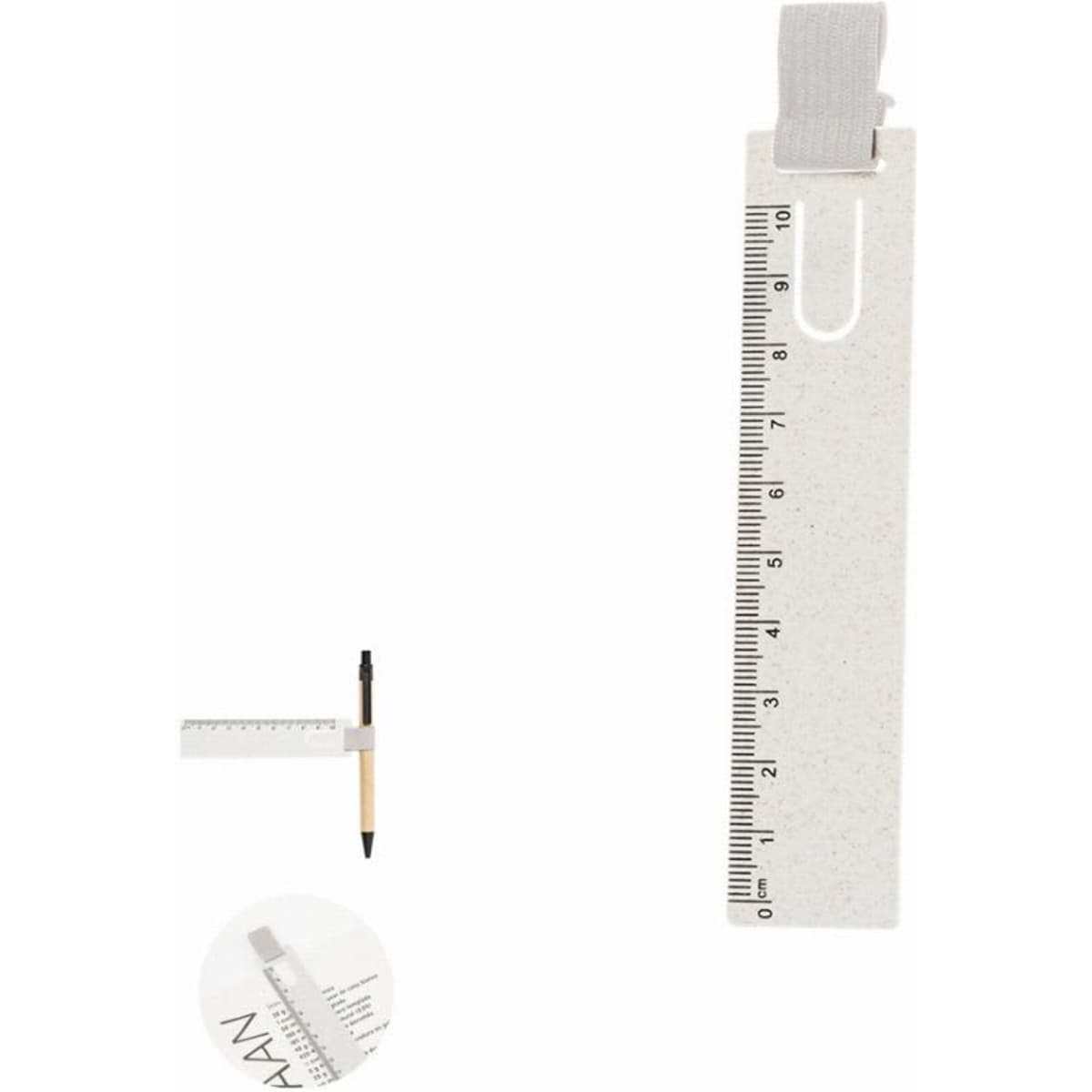 A ruler with a clip, featuring a white speckled design, accompanied by a black pen. Includes a visible logo.