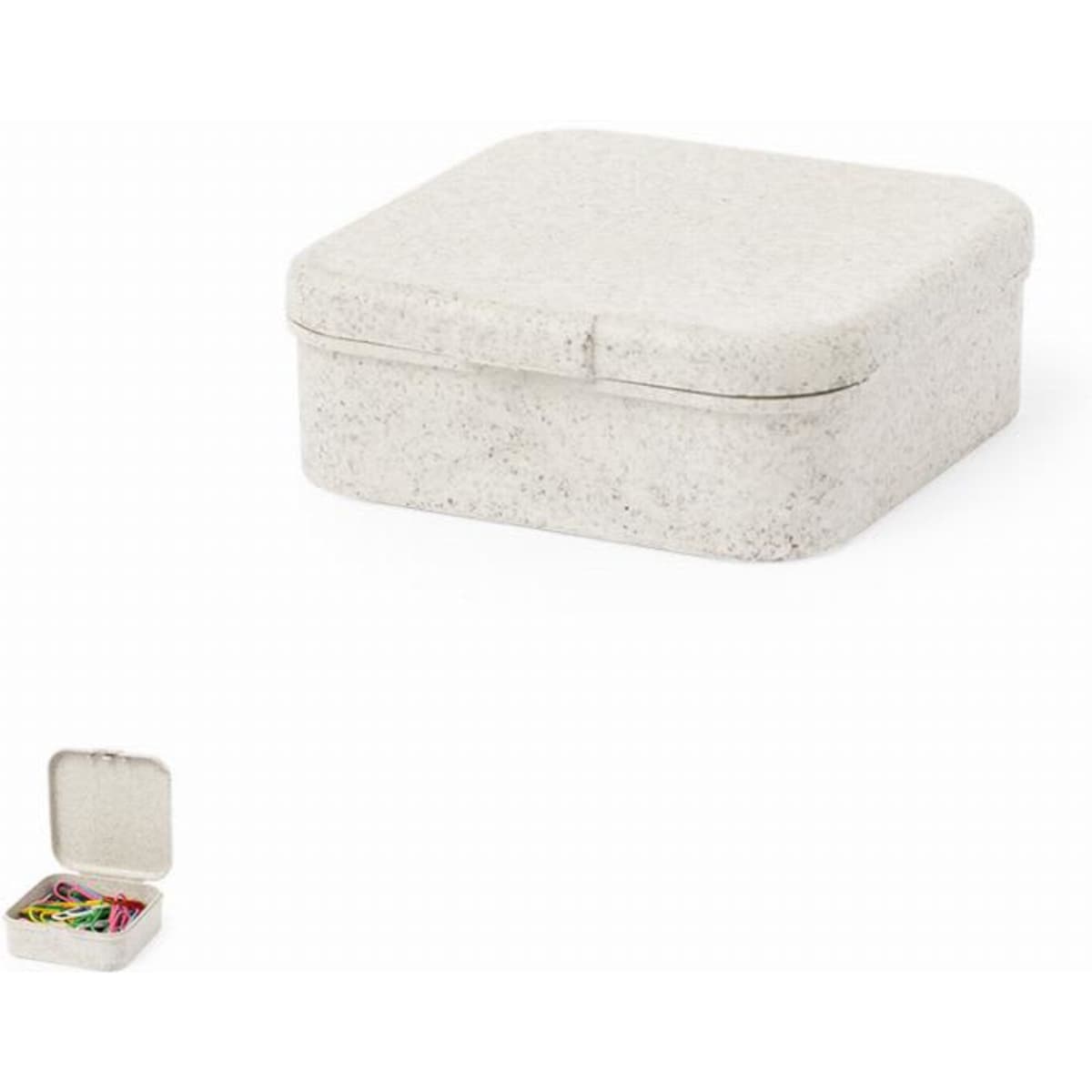 A storage box with a square shape in a light grey colour, featuring a lid and a smooth surface.