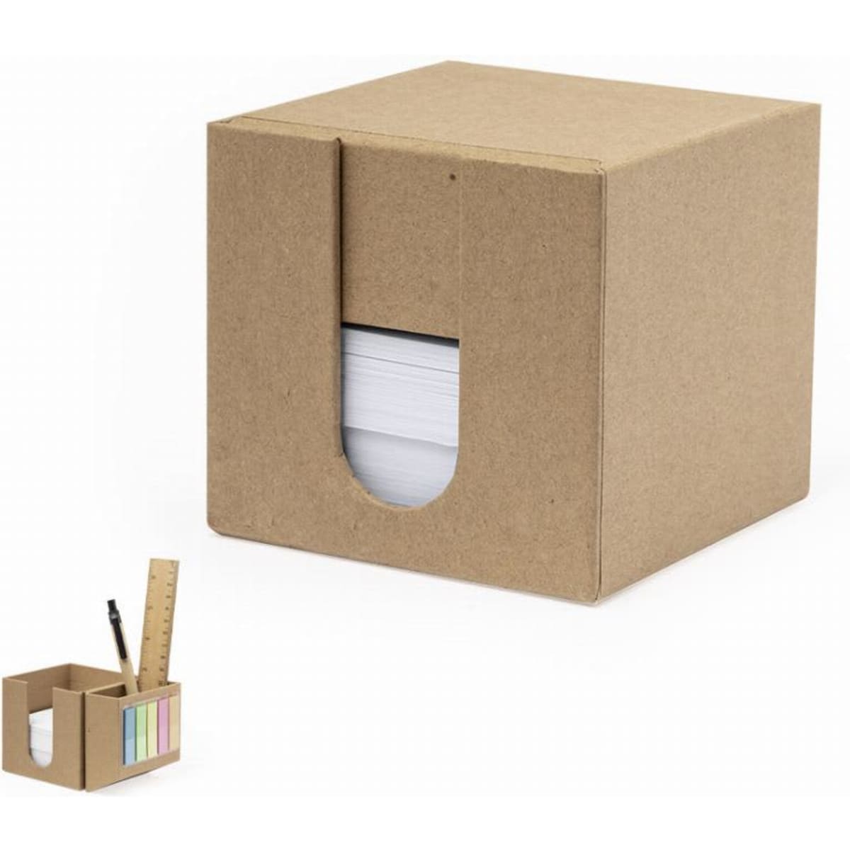 A stationery organiser featuring a brown cardboard box with a cut-out side, containing white paper and sticky notes.
