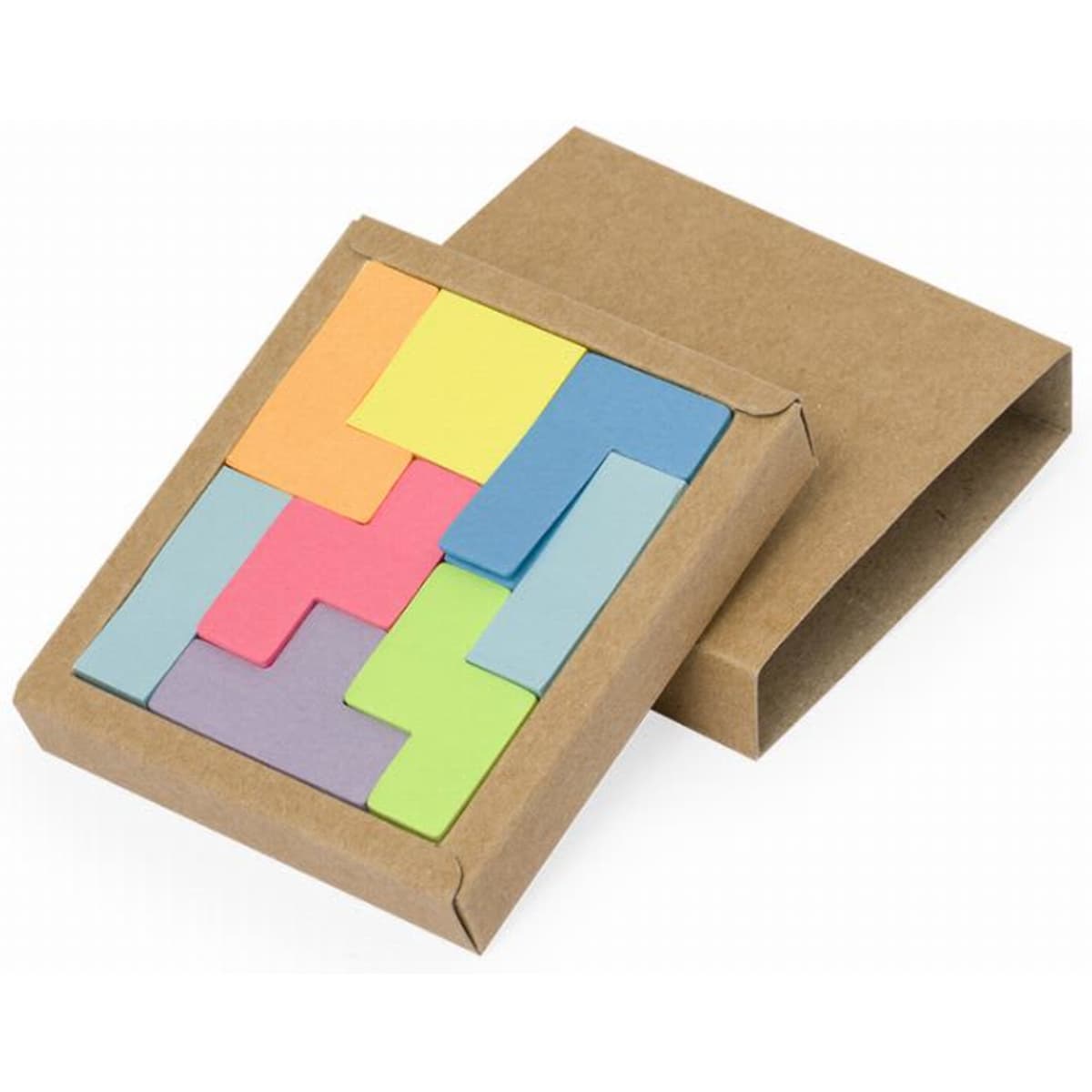 A puzzle set featuring colourful pieces in orange, pink, green, blue and purple, packaged in a brown box.