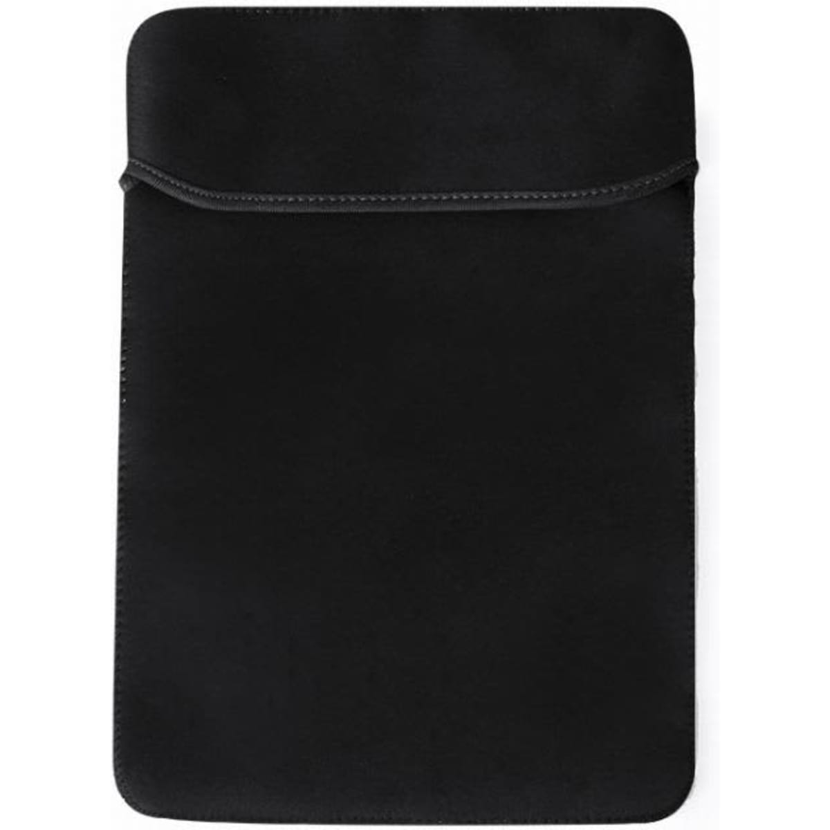 A sleek black tablet sleeve with a smooth texture and a secure fold-over flap at the top. Features minimal design.