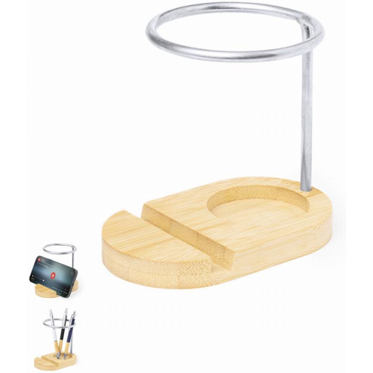 A bamboo desk organiser featuring a metal ring for holding a phone and compartments for pens.