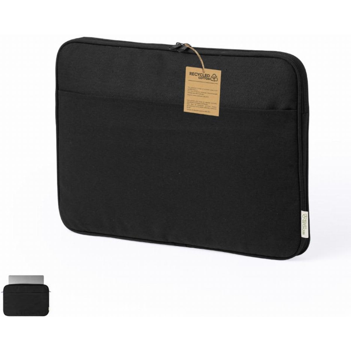A laptop sleeve in black fabric with a zipper and a tag attached, featuring a minimalist design.