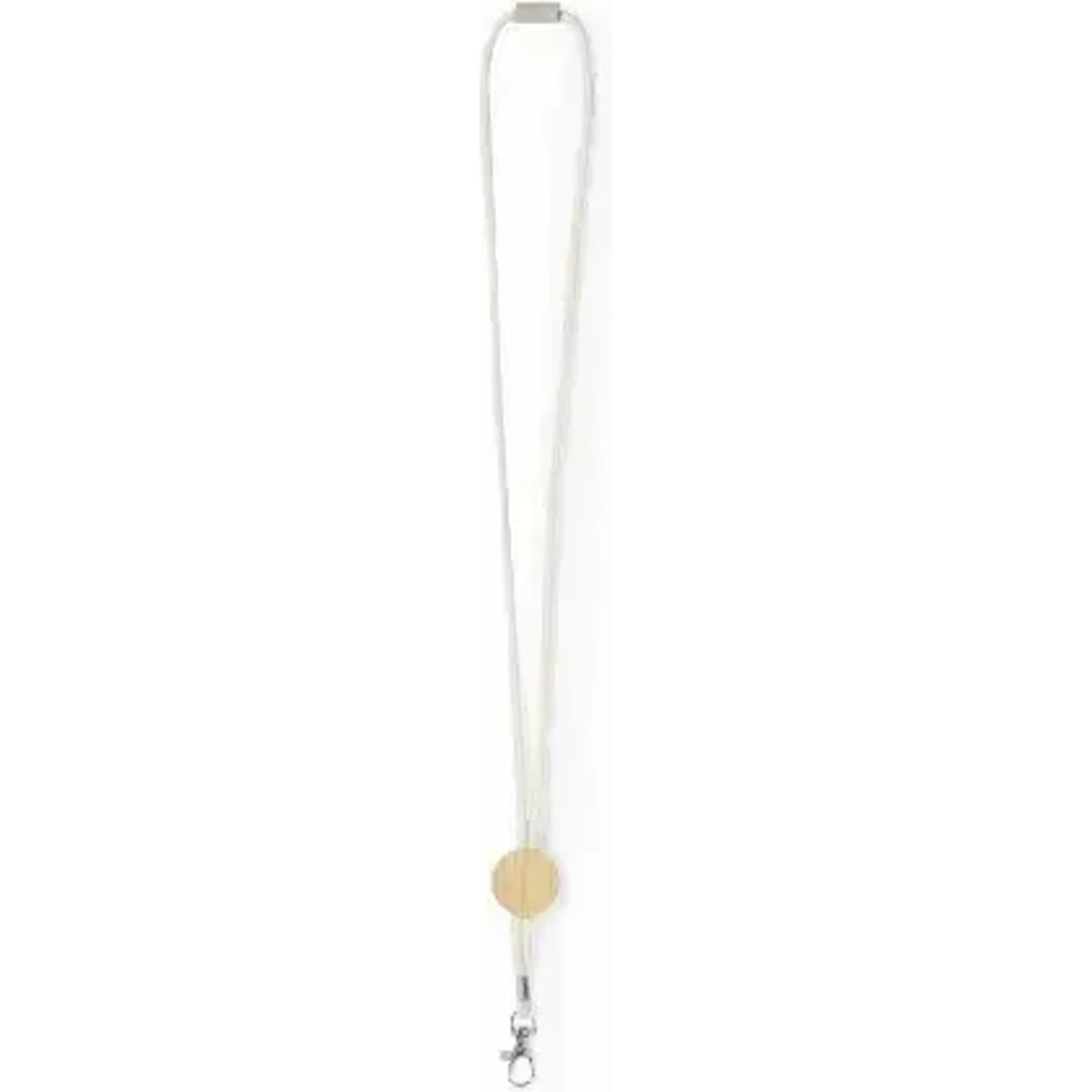A lanyard with a wooden circular attachment and a metal clasp, featuring a long, white strap.