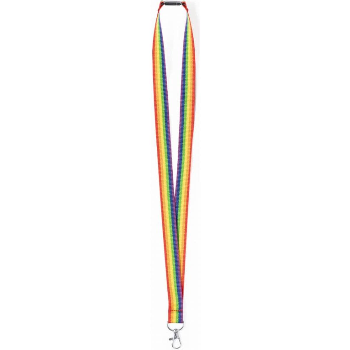 A rainbow-striped lanyard with a metal clip at the end, featuring vibrant colours in a diagonal pattern.