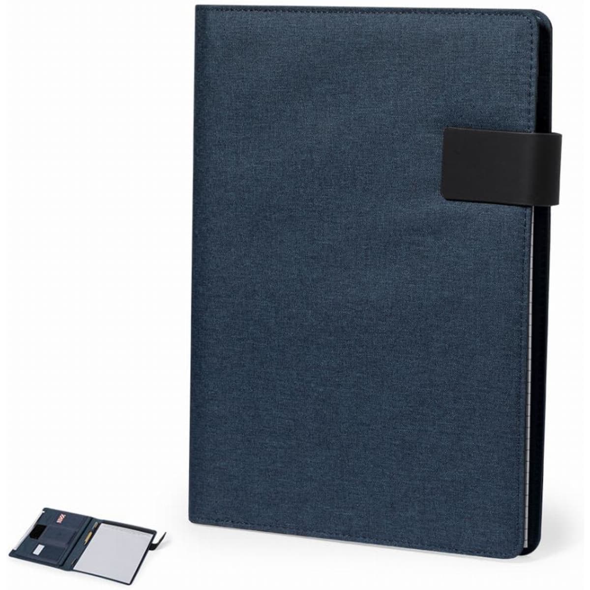 A navy blue notebook with a black strap, accompanied by a notepad and pen, featuring a minimalist design.