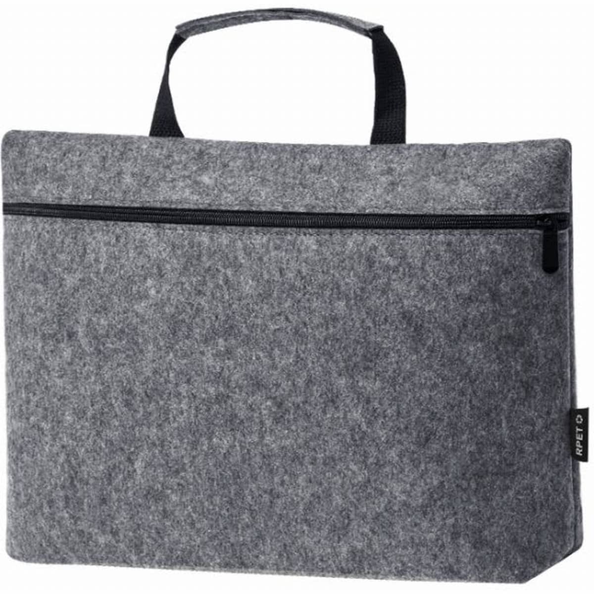 A grey felt laptop bag with a top handle and a zippered front pocket. It features a sleek, minimalist design.
