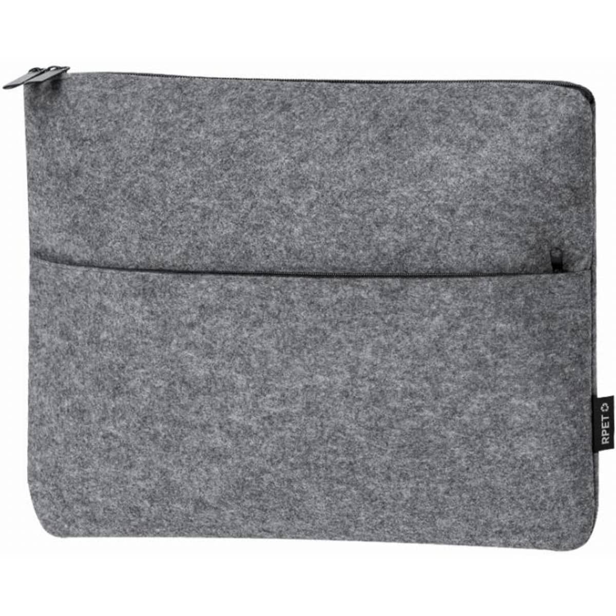 A grey felt laptop sleeve with a zip closure and a front pocket. It features a small branding tag on the side.