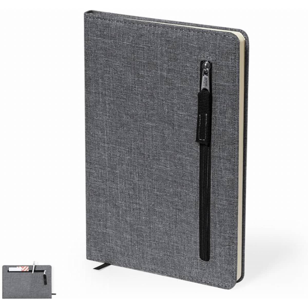 A grey notebook with a textured cover, featuring an elastic pen loop and a ribbon marker.
