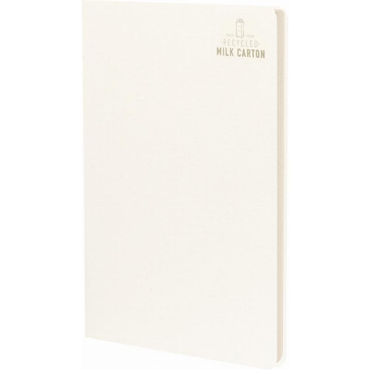 A notebook made from recycled materials, featuring a plain white cover and a subtle logo at the top.