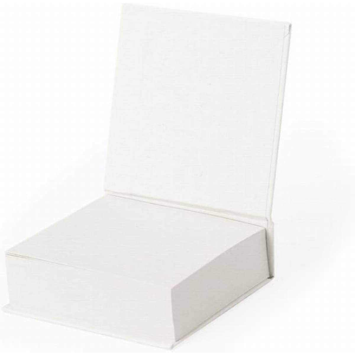 A white box with a hinged lid, displayed in an open position, revealing a blank interior.