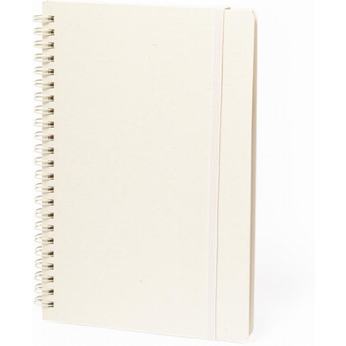 A spiral-bound notebook in a cream colour with a plain cover and an elastic band closure.