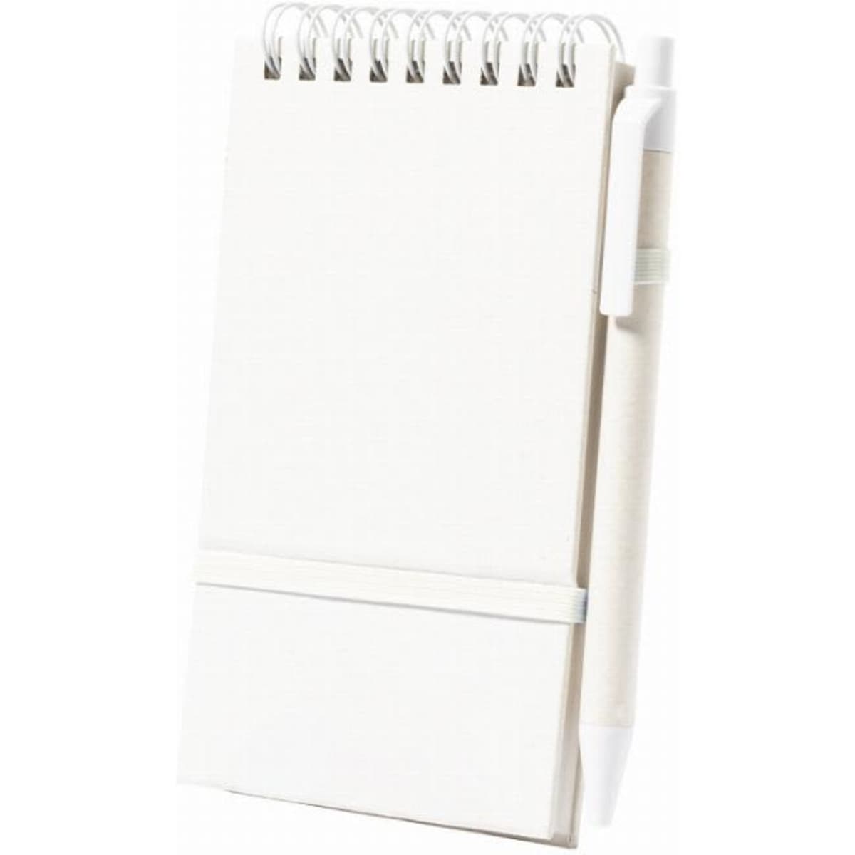 A notepad with a spiral binding, featuring a white cover and a pen attached.