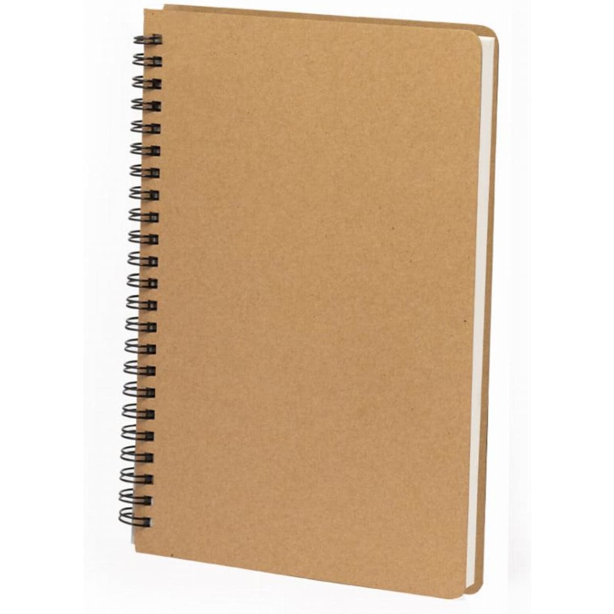 A spiral-bound notebook with a plain brown cardboard cover and white pages. No visible logos or branding.