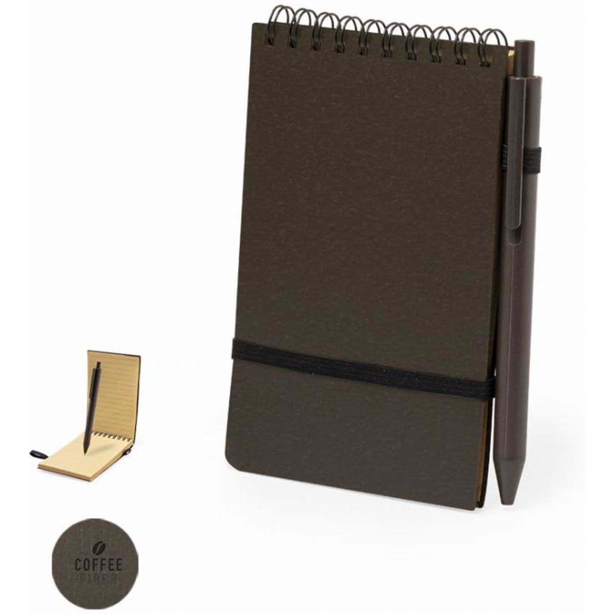 A notebook with a spiral binding and a dark brown cover, paired with a matching pen. It features a simple logo.