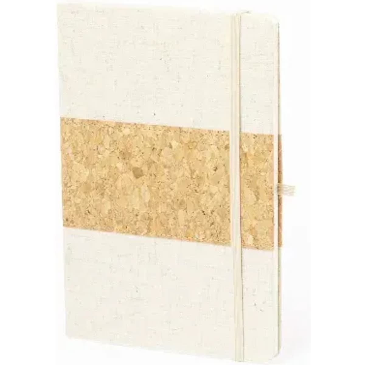 A notebook featuring a cream cover with a cork band across the centre, secured with an elastic band.