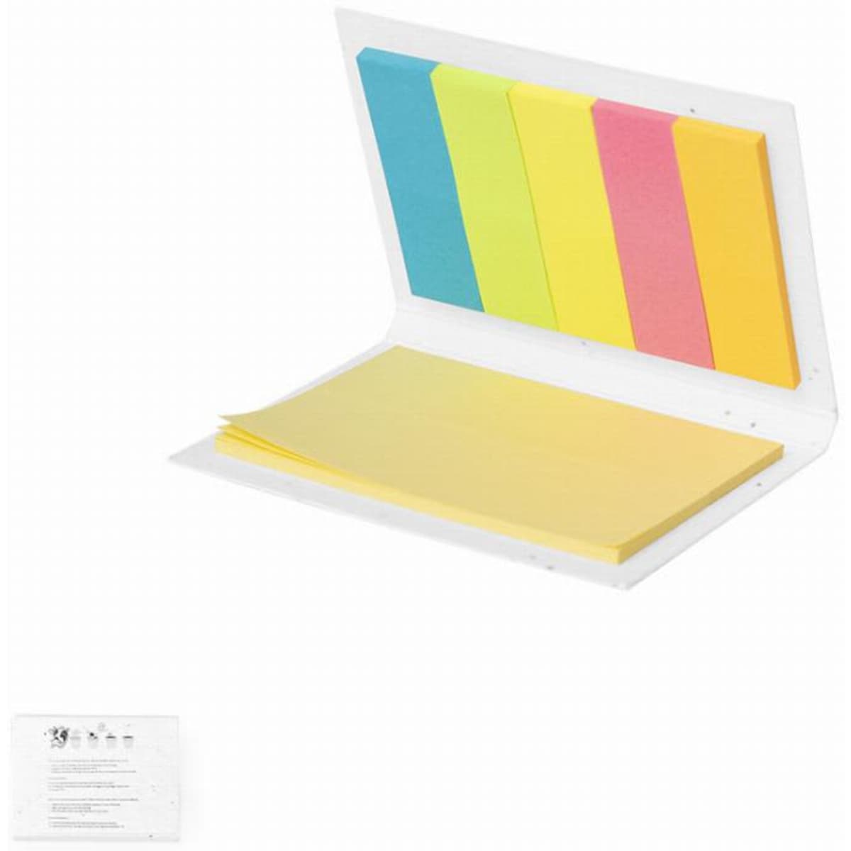 A notepad with yellow sheets and sticky notes in blue, pink, green, and yellow, contained in a white cover with a logo.