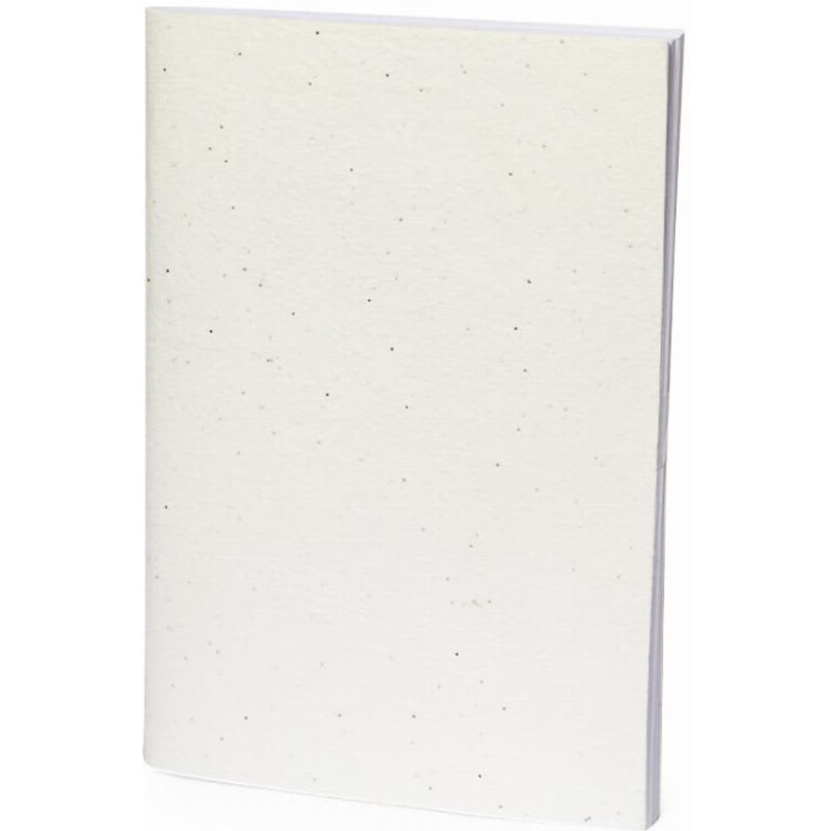 A notebook with a plain white cover featuring speckles throughout, bound on one side. It has a simple design and no branding.