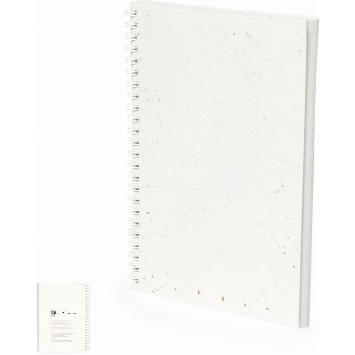 A notebook with a white speckled cover and spiral binding, featuring a simple design.
