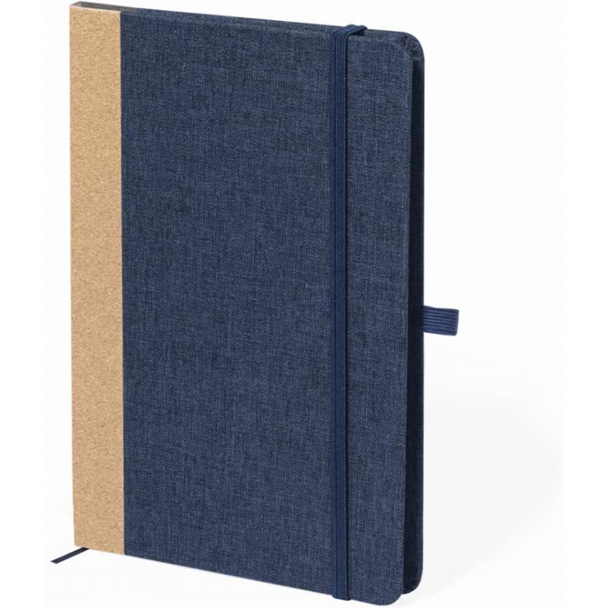 A notebook featuring a navy blue fabric cover with a brown cork section and a ribbon bookmark.