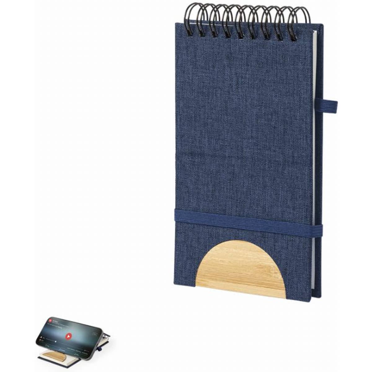 A notebook with a navy fabric cover, spiral binding, and a bamboo accent at the bottom. It features an elastic strap.