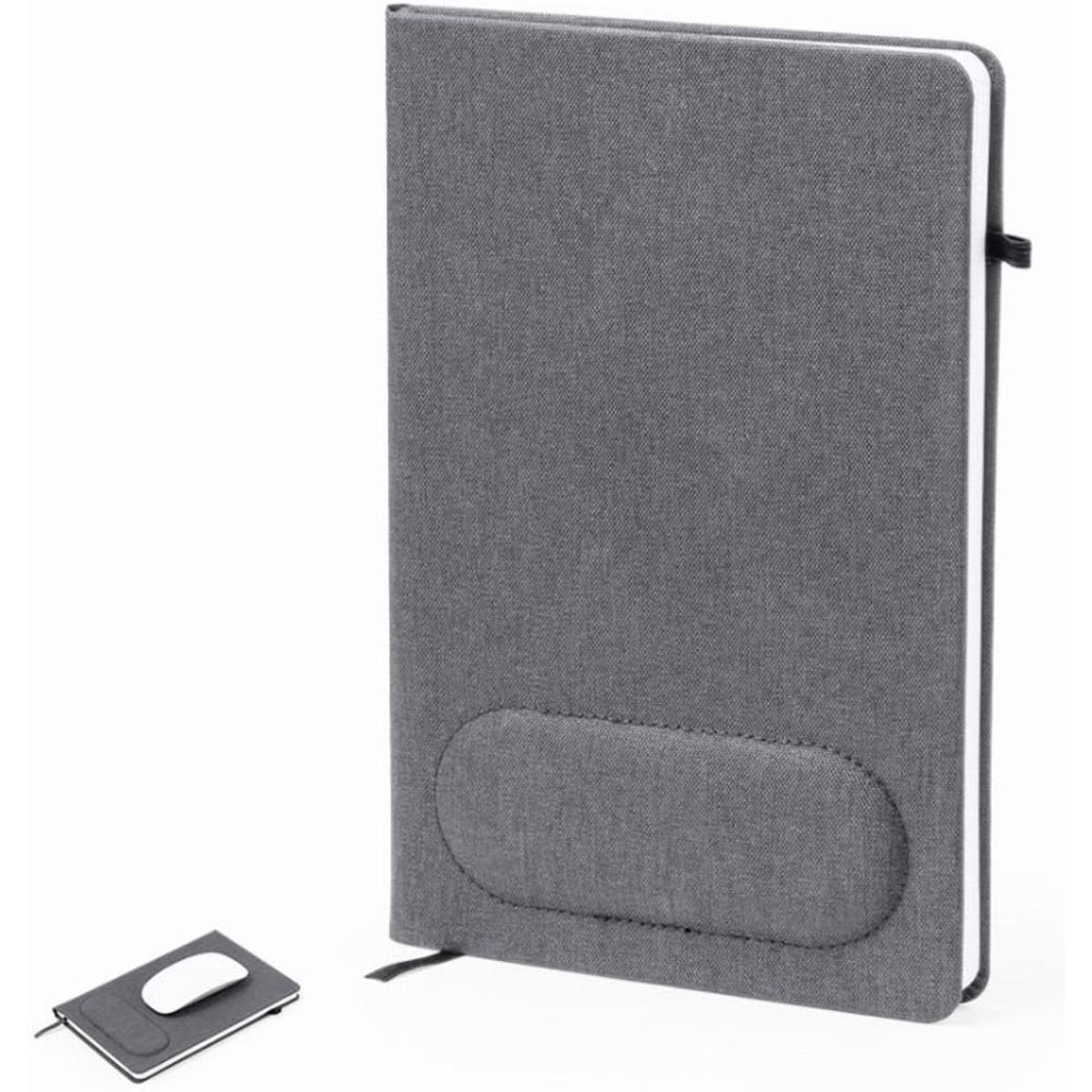 A grey notebook with a textured cover and a matching grey pen, featuring a branding logo.