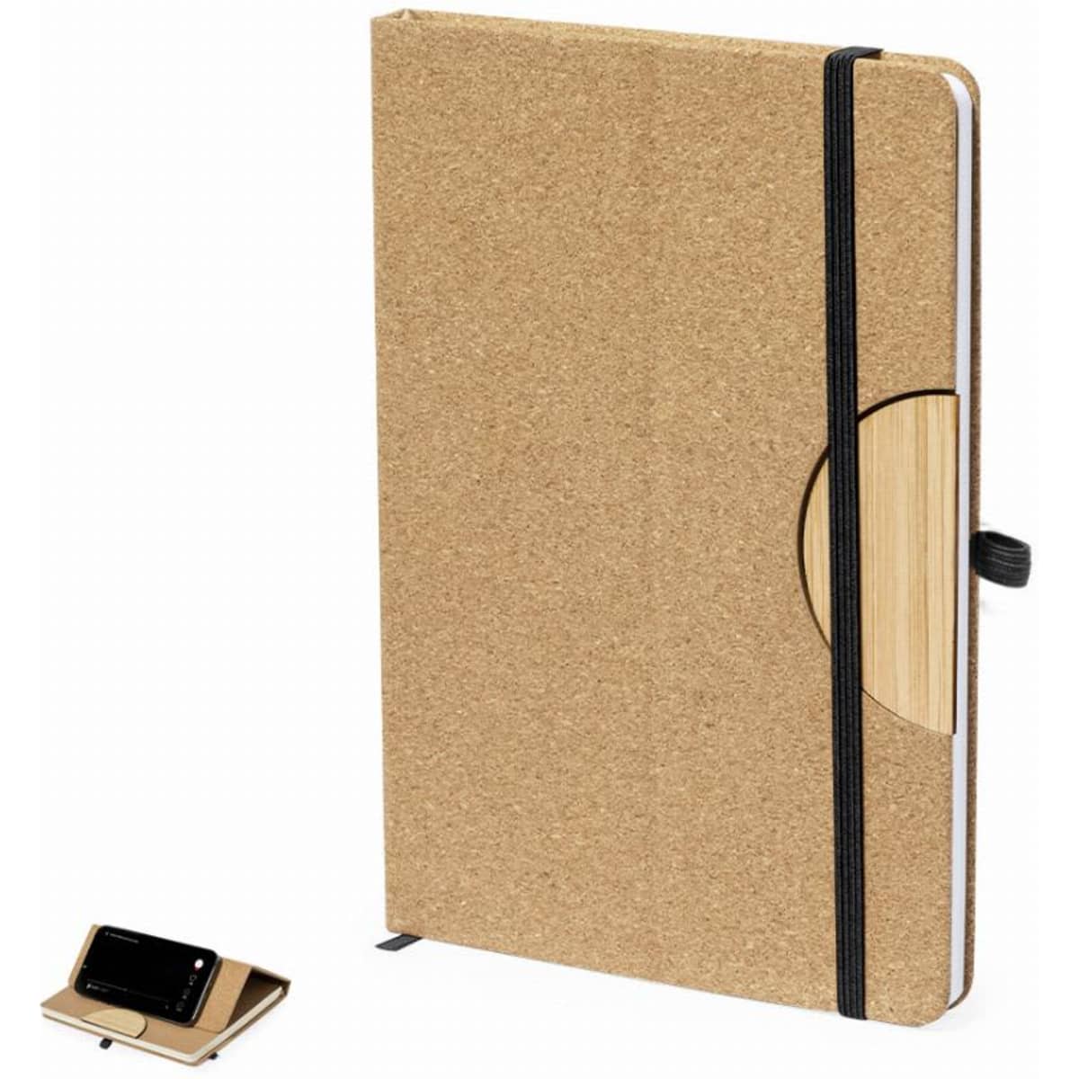 A cork-covered notebook with a bamboo accent and an attached elastic band. Includes a stand for holding devices.