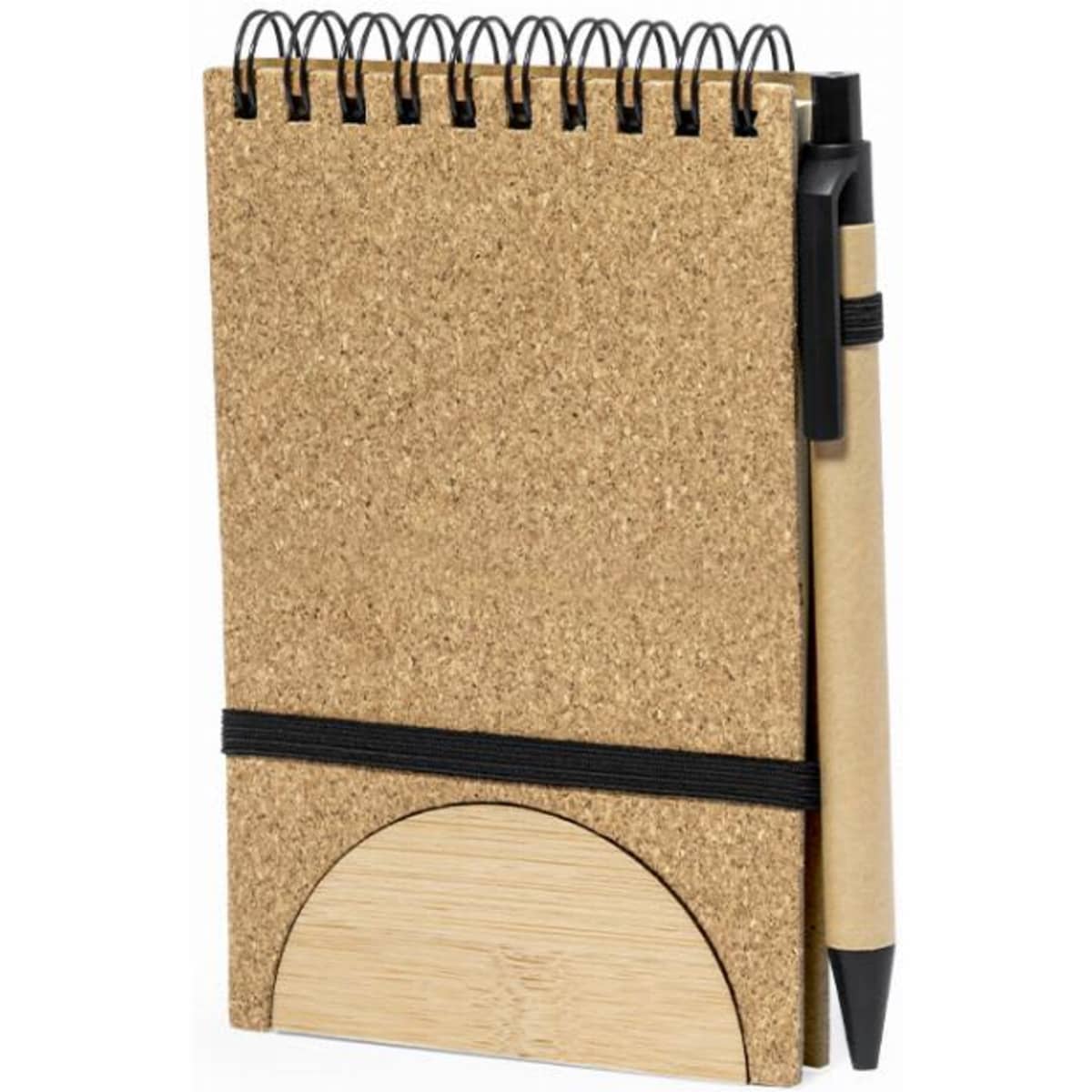 A cork notebook with a spiral binding, featuring a wooden base and a black pen attached.
