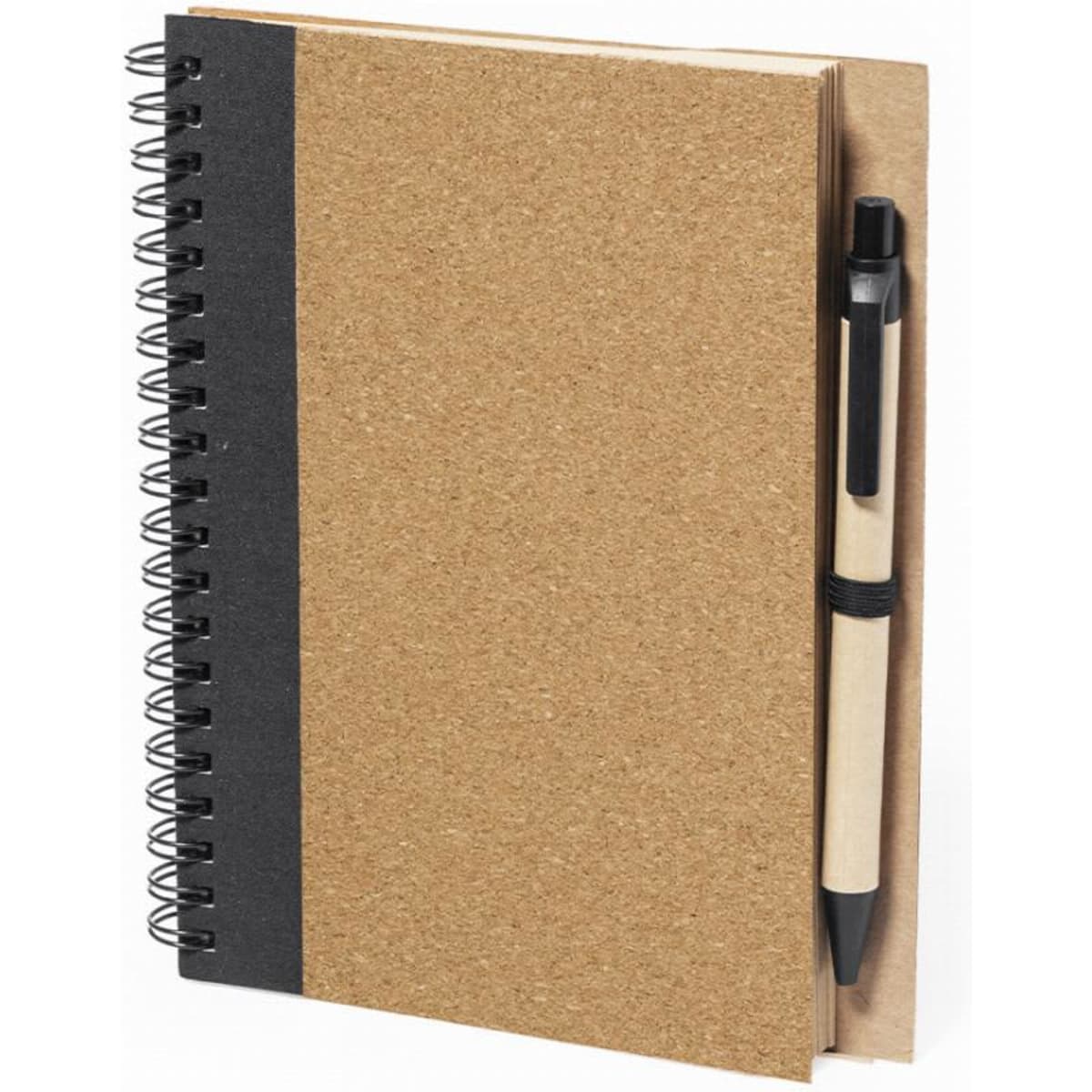 A notebook with a brown kraft cover, spiral binding, and a black pen attached. It has a minimalist design.