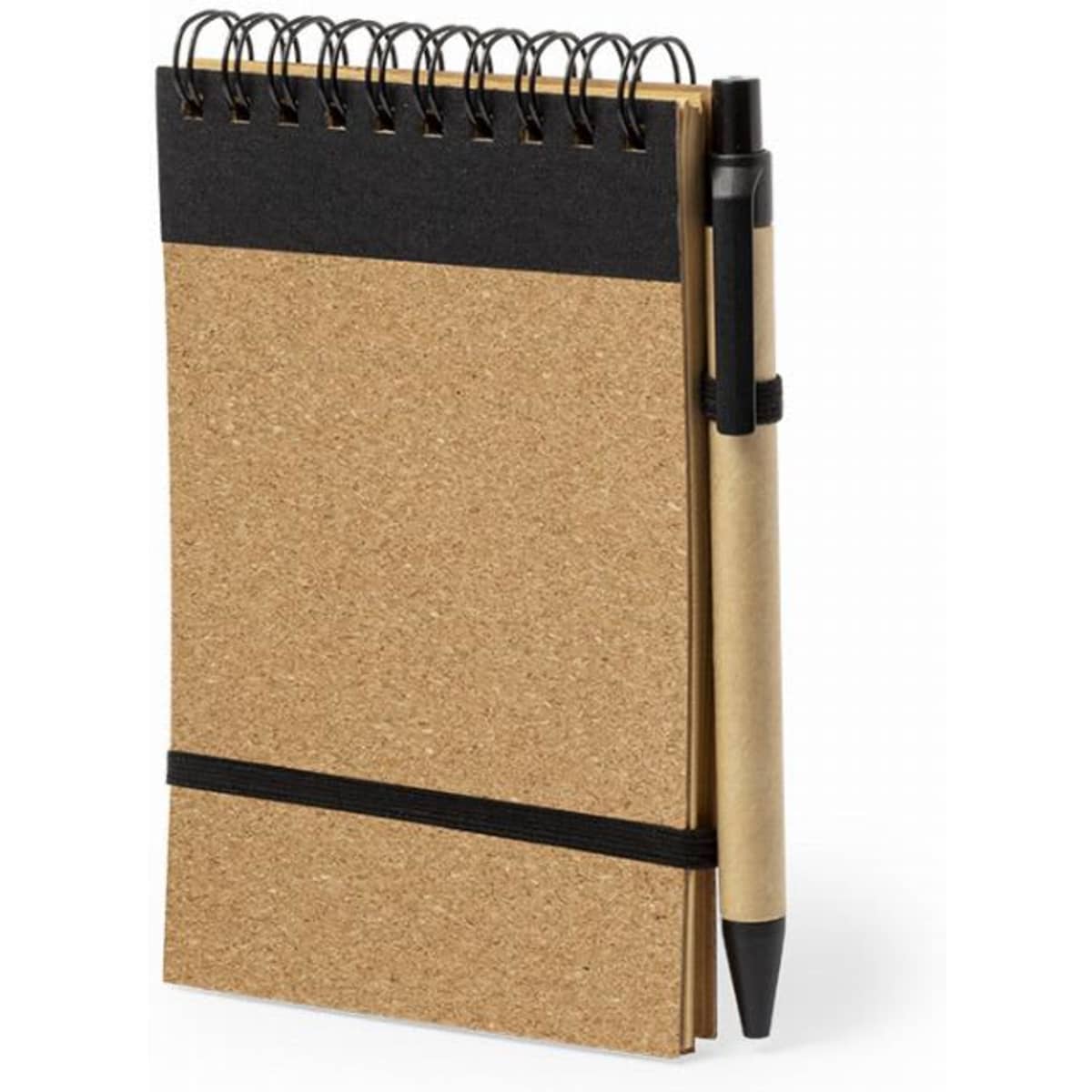 A notepad with a brown kraft cover, spiral binding, and a black pen secured by an elastic band.