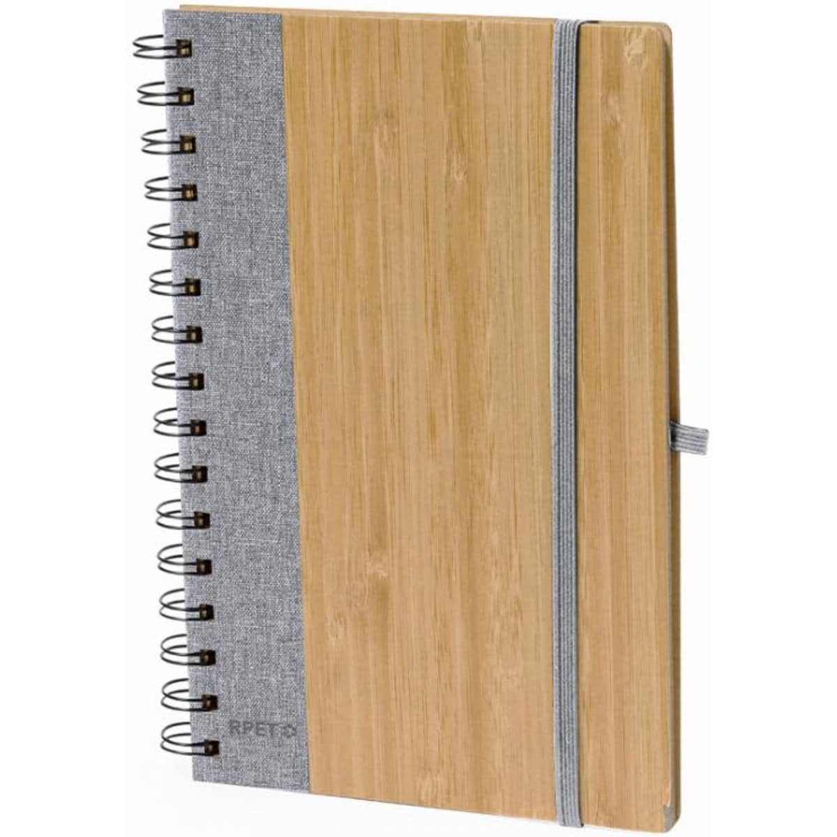A notebook with a bamboo cover and a grey fabric side, featuring a spiral binding and an elastic closure.