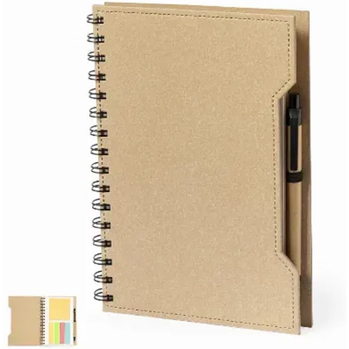 A notebook with a spiral binding, a tan cover, and a slot for a pen, featuring pastel sticky notes inside.