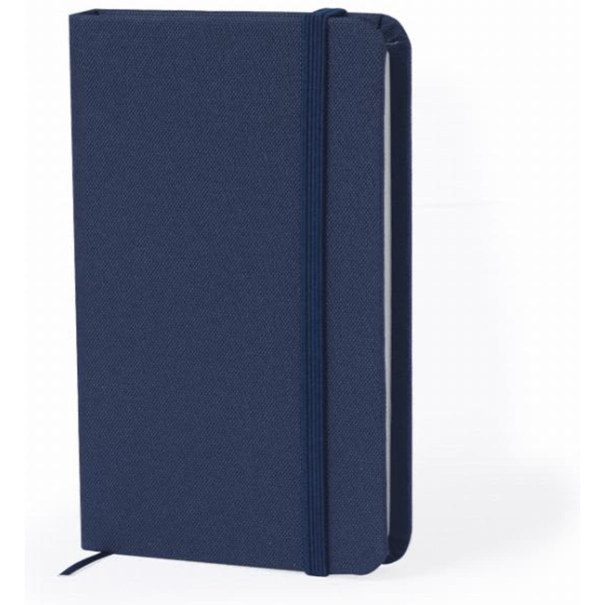 A navy blue notebook with an elastic band and a ribbon bookmark, featuring a textured cover.