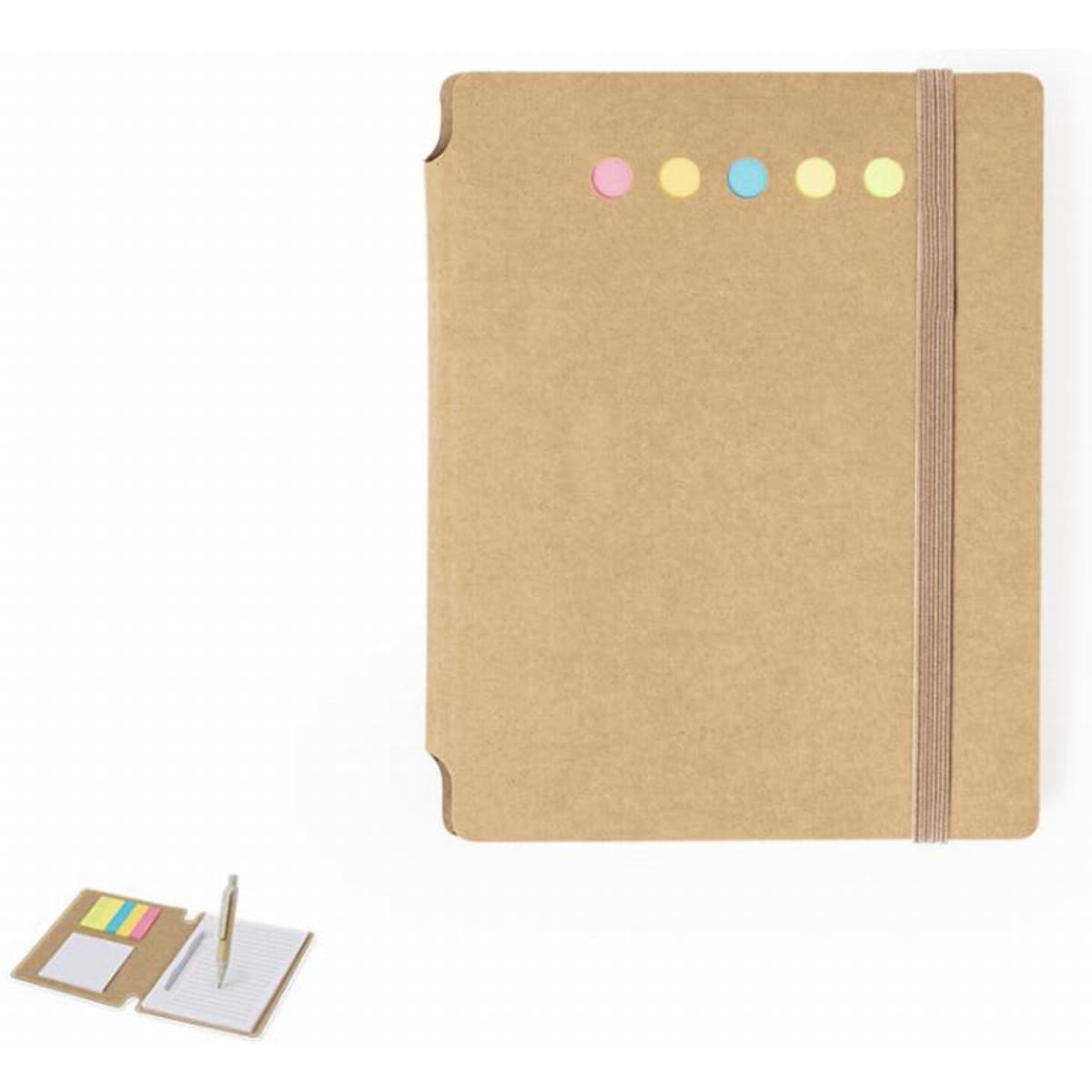 A kraft paper notebook with a coloured dot design and an elastic band, alongside a simple notepad and pen.