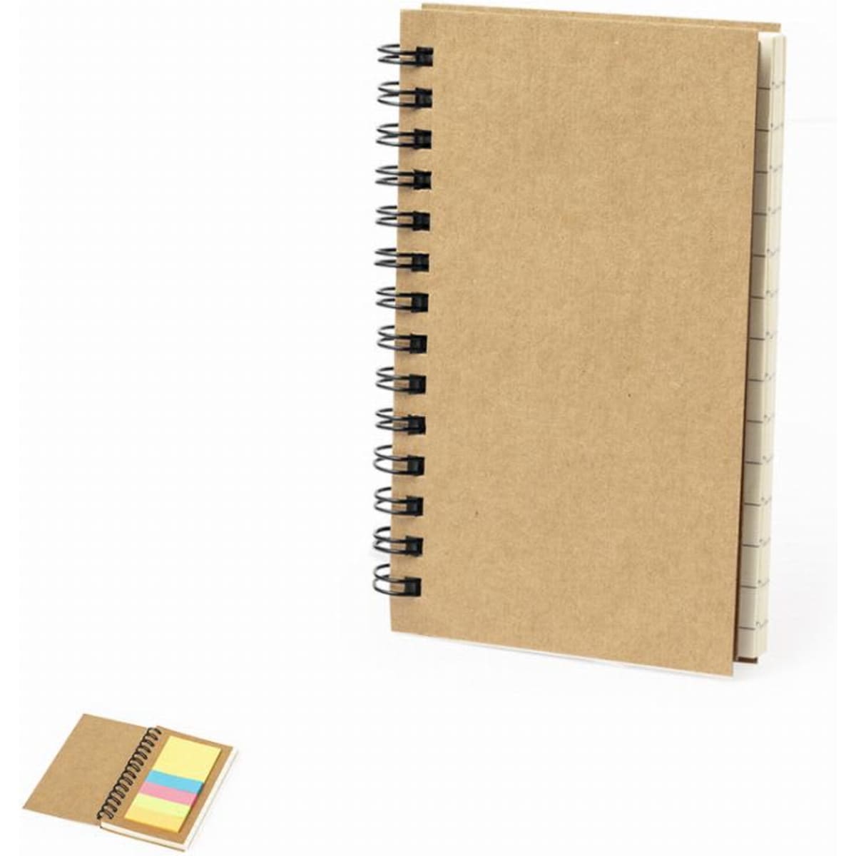 A spiral-bound notepad with a brown cardboard cover and a set of colourful sticky notes beside it.